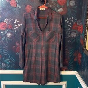 Cloth & Stone Red and Gray Plaid Shirt Dress